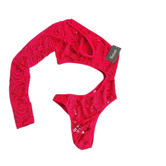 NWT! Frederick's of Hollywood Kerry Red Lace  Asymmetrical Bodysuit L - Picture 3 of 3